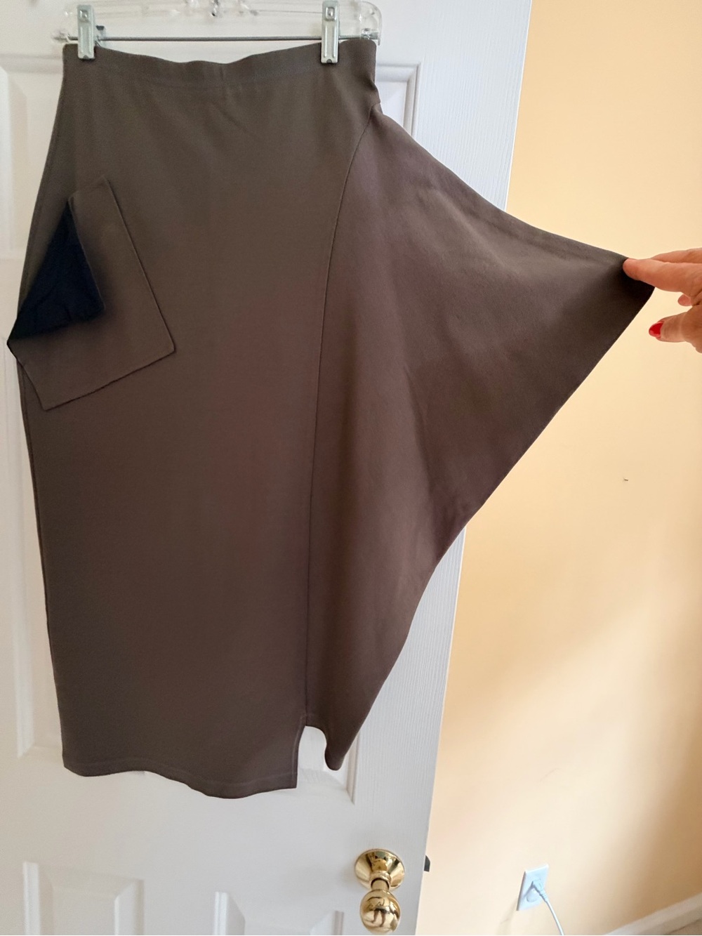 XD XENIA Bare 6 designer faux wrap drape midi skirt, mocha brown, sz S - Picture 4 of 8